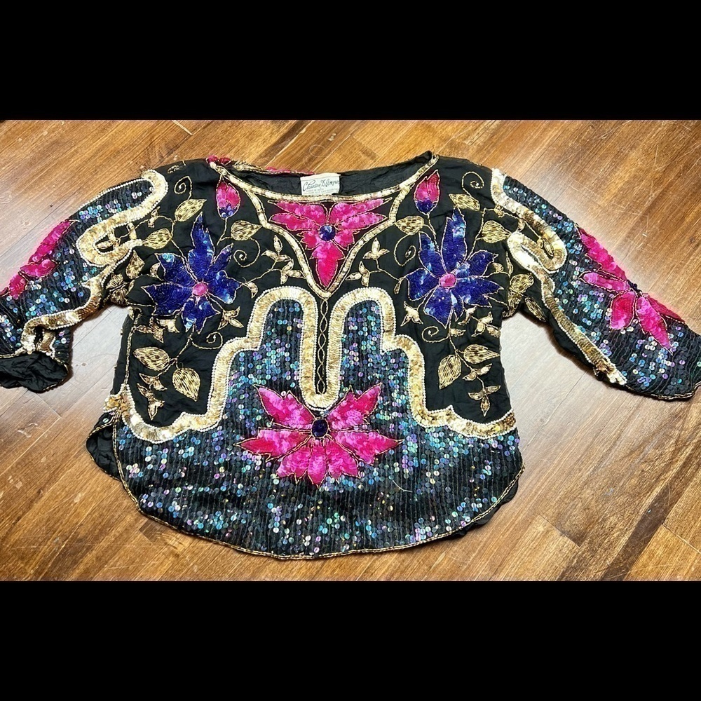 80s VTG Chanson D'Amour Glam Sequins 100% Silk Top Medium Dopamine Maximalism
